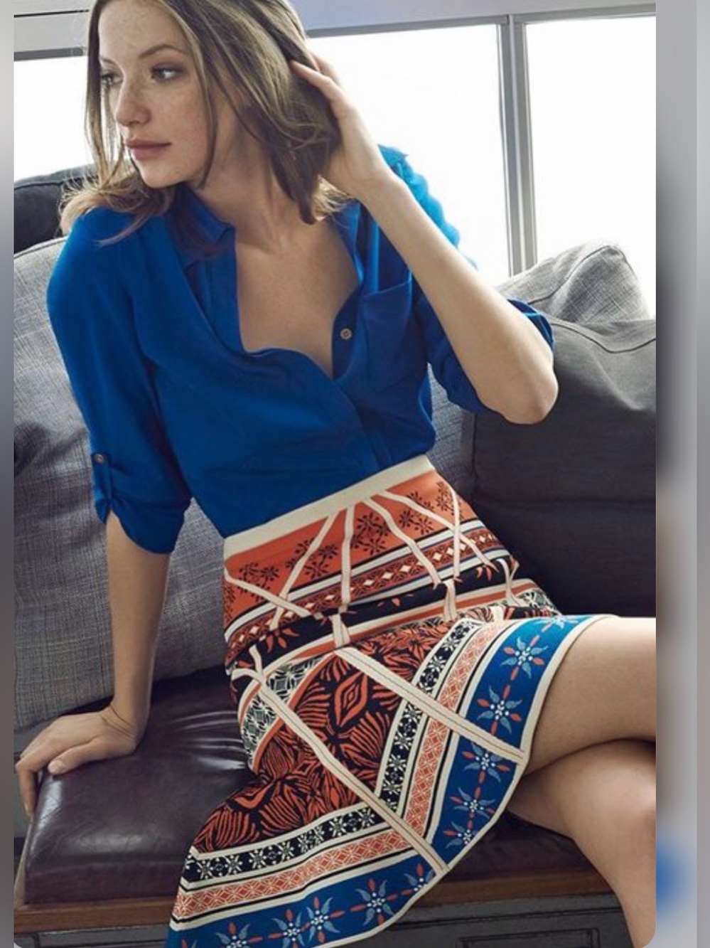 Diane von Furstenberg DVF stretch knit Printed A-Line Skirt in Orange & Blue
